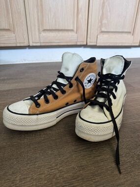 Converse High Top Sneakers in Tan & Cream with Black Trim